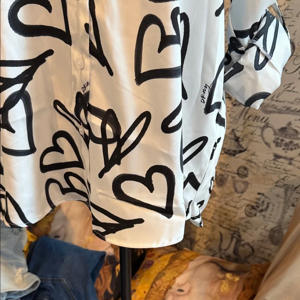 DKNY White and Black Heart Pattern Blouse - Picture 7 of 16